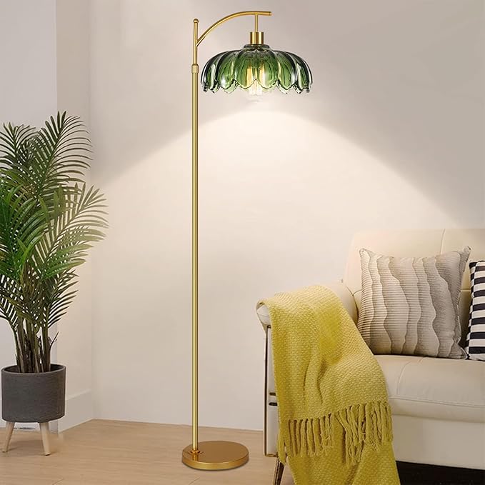 Gold Floor Lamp for Living Room,Bedroom,Mid Century Modern Standing Lamp with Remote,Dimmable Brass Tall Lamp Green Glass Lamp Vintage Retro Arc Floor Lamps Flower Floor Light Boho Bohemian