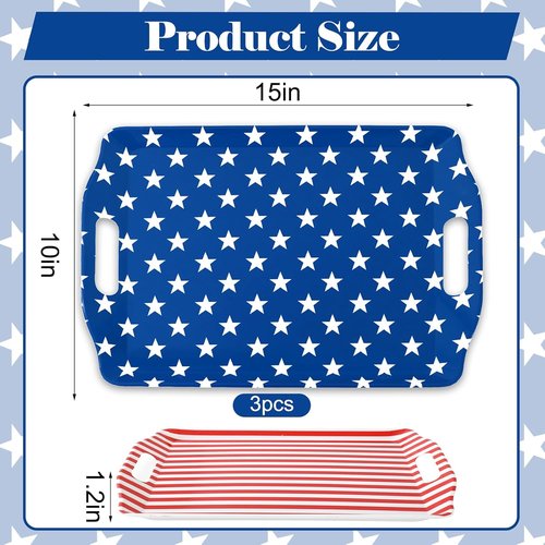 FYSUIMU Patriotic Serving Trays - 4Pcs American Flag Plastic Trays with Handles | 10 x 15 In for 4th of July