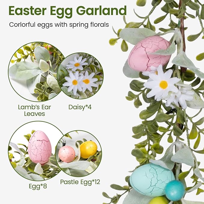 6FT Prelit Easter Garland with LED Lights & Timer, Battery Operated Easter Decorations with Daisies & Pastel Eggs, Artificial Lambs Ear Greenery for Mantle & Fireplace – Farmhouse Easter Egg Garland