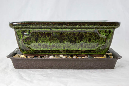 8" Rectangular Moss Green Glazed Bonsai Pot, Cactus & Succulent Planter + Tray + Rock + Mesh Combo