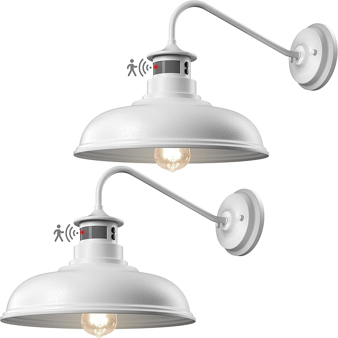 Set of 2 Gooseneck Outdoor Wall Lights Fixtures,Dusk to Dawn Motion Sensor Sconce Farmhouse Barn Lamp for Patio,3 Modes Dimmable Exterior Porch Light Wall Mount Lighting White with Rotary Dial Control