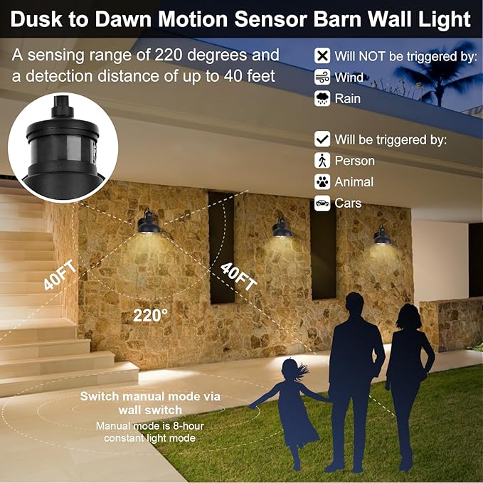 7in Motion Sensor Outdoor Barn Wall Lights Dusk to Dawn Exterior Gooseneck Lighting Wall Mount Small Dome Gooseneck Porch Wall Sconce Black Farmhosue External Garage Barn Lights