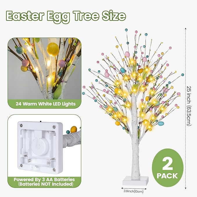 Easter Decorations 2 Pcs 25inch Lighted Easter Tree with Timer&Battery Operated,Pre-Lit Easter Egg Tree Tabletop Decor with LED Lights,Eggs,Artificial Birch Trees for Home Party Mantel Indoor Spring