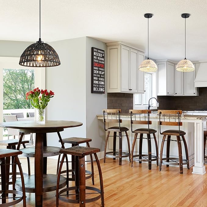 3 Pack Woven Pendant Light Fixtures,10.2" Black Rattan Pendant Lights Farmhouse Basket Light Fixture Adjustable Boho Hanging Lamp for Kitchen Island Bedroom Dining Room Foyer Hallway