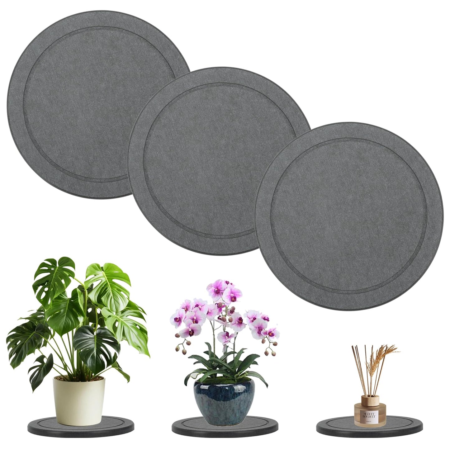 Ismosm Diatomaceous Earth Plant Saucer Set, 3 Pack, Gray, 6 or 8 Inch Diameter, Indoor Outdoor Planter Drip Tray with Non-Slip Pads (8 Inch)