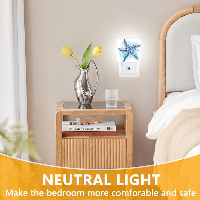 Watercolor Starfish Night Light, Plug-into Sea Beach Nightlight White LED Lamp, Energy Efficient Decor Desk Lamp for Bedroom Hallway Stairs Bathroom