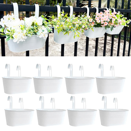 Joyfernal 10" Hanging Flower Pots, Pack of 8 White Metal Outdoor Patio Balcony Planter, Railing Planters Fence Pot with Detachable Hook & Drainage Hole for Small Plants (White, 8Pcs)