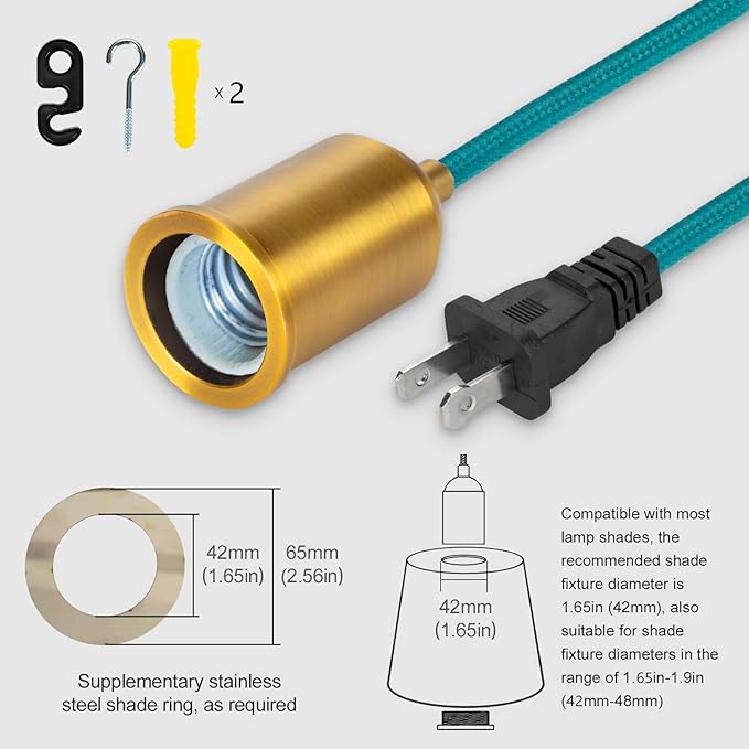 Pendant Light with Plug in Cord Rope Hanging Lamp Bulb Socket Teal Fabric Cloth Covered with Switch Fixture Braided Lighting Cords Industrial Porcelain Gold Holder DIY Retro Swag Lights Shade 15ft
