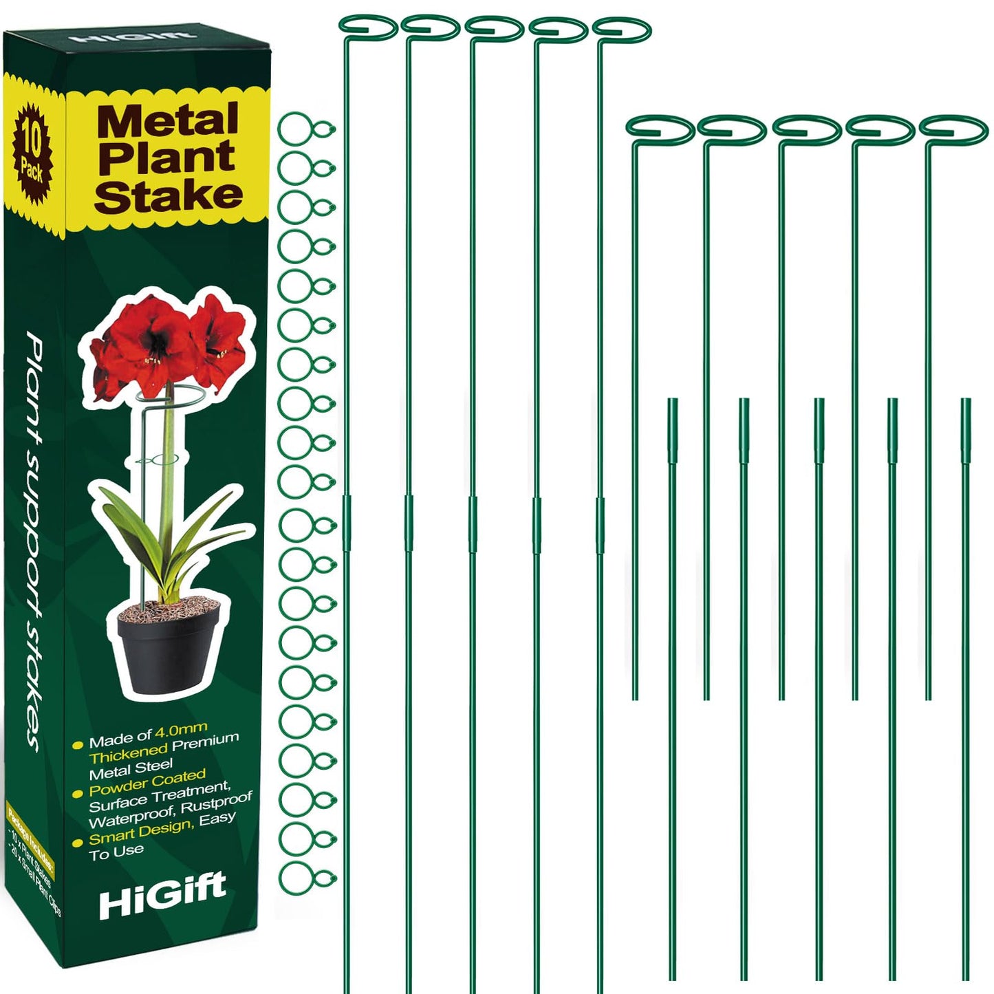 10 Pack Height Adjustable Plant Support Stakes (17" or 32" Inches), Metal Plant Stakes for Indoor Outdoor Plants, Tall Plant Stick Support Ring Cages for Garden Flower Amaryllis Orchid Gladiolus