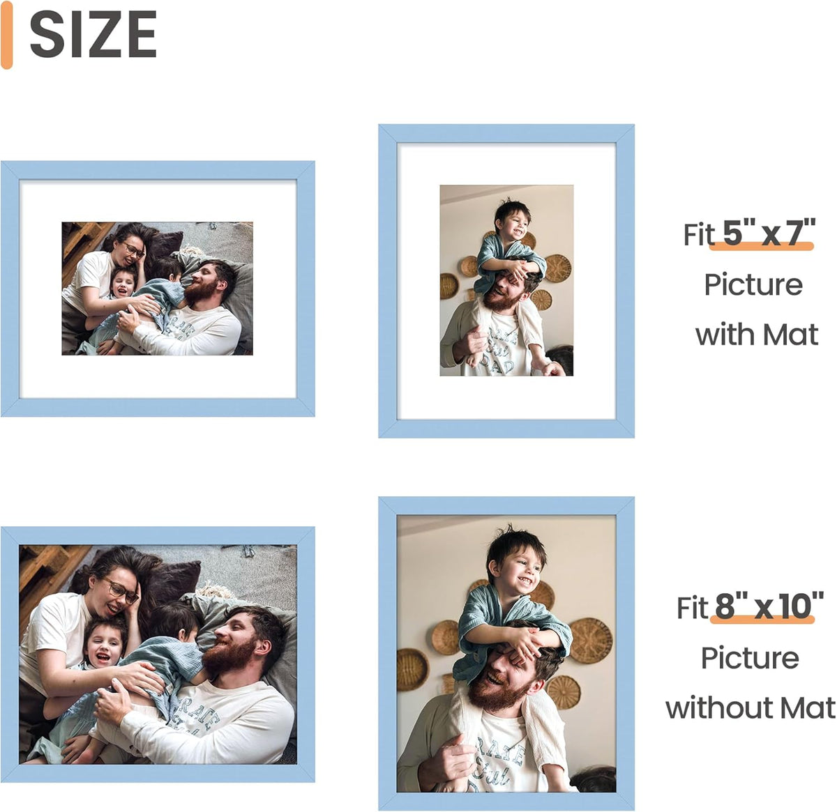 Upsimples 8x10 Picture Frame Set of 5 - Versatile Display for 5x7 with Mat or 8x10 Without | Blue