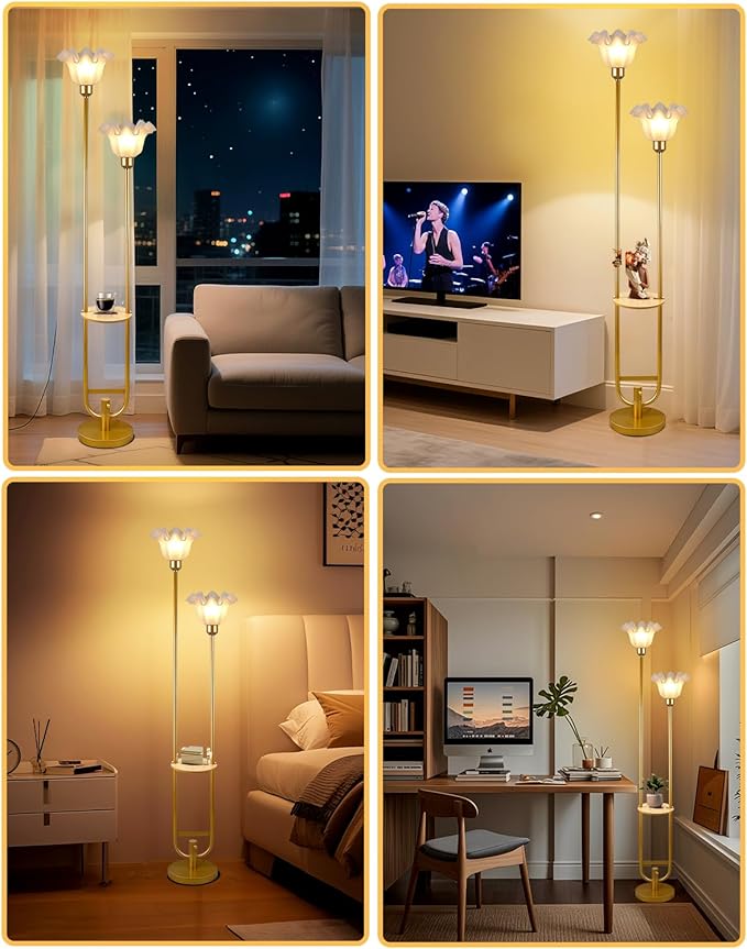 Lightdot Dimmable Flower Floor Lamp with Table for Living Room, Modern Mid Century Gold Metal Tall Standing Lamp for Bedroom/Sofa Beside/Corner Decor (Bulb Included)