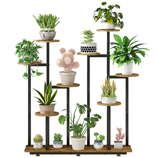 INGIORDAR Plant Stand Indoor Outdoor Corner Plant Shelf for Multiple Flower Pots Flower Stand Holder for Patio Garden Balcony Living Room (Black+Rustic Brown, 9 Tier)
