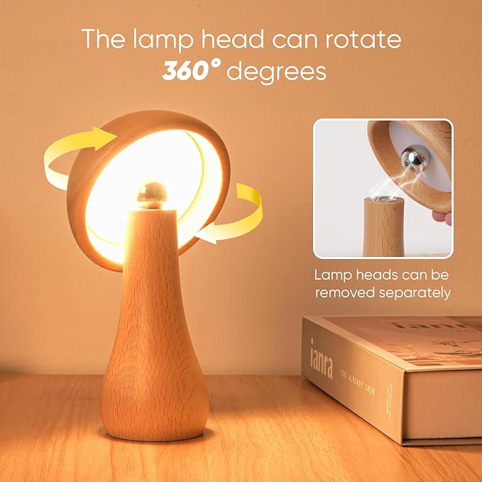 2 Pack Wooden Mushroom Lamp, Portable Cordless Small Rechargeable Battery Operated Lamp,Stepless Dimming,Night Light for Birthday Gifts