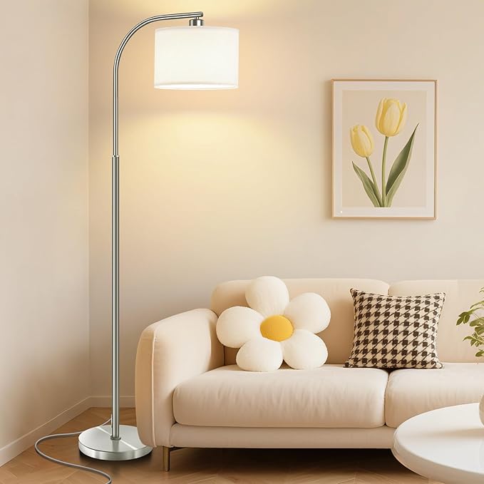 Floor Lamp for Living Room with Remote,Dimmable Standing Lamps,Modern Tall Floor Light with Smart RGB Bulb,App Control,3 Color Temperatures,Fabric Shades,Silver Floor Lamp for Bedroom Corner