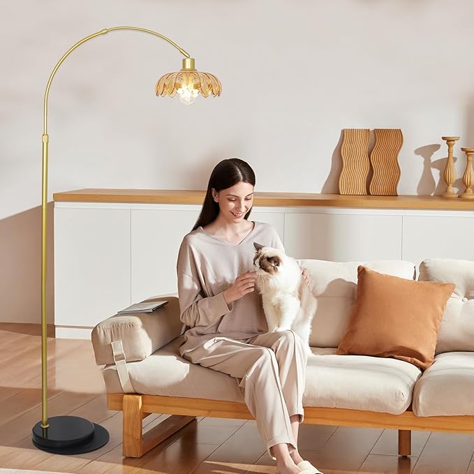 Gold Floor Lamp for Bedroom, Arc Floor Lamp with Remote & LED Bulb, Flower Standing Lamps for Living Room, Glass Corner Tall Lamp, Mid Century Modern Floor Lamps, Arched Stand Up Lamp (Amber)