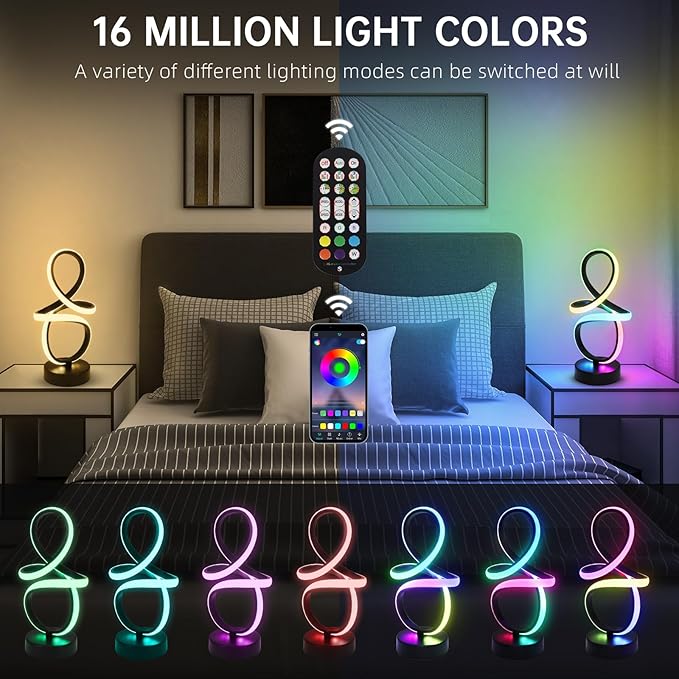 Modern RGB Table Lamps, Multicolor Changing Spiral Bedside Lamp with Remote&APP, Cool Table Lamp, Dimmable LED Nightstand Lamp with Music Rhythm Modes for Bedroom, Living Room, Black(2 Pack)
