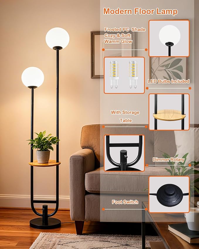 63IN 2-Globe Floor Lamp Dimmable Tall Standing Lamps with Table 3000K Warm White Unique Vintage Modern Mid Century Floor Lamp for Living Room-Black