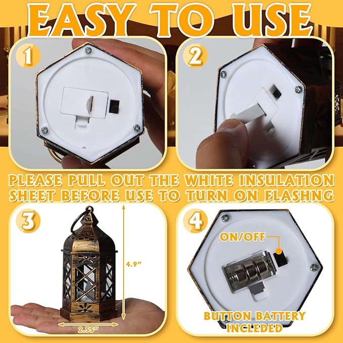 12-Pack Mini Gold Lanterns with Flickering LED Candles for Ramadan, Small Decorative Hanging Lanterns for Halloween, Christmas, Wedding, Lantern for Table Centerpiece, Garden Party Decor