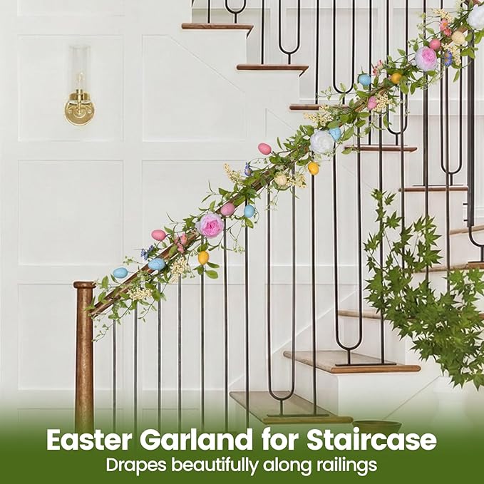 6FT Prelit Easter Garland with 20 LED Lights, Lighted Artificial Easter Egg Garland for Mantle, Battery Operated with 8 Mode Timer – Peony & Berry Accents