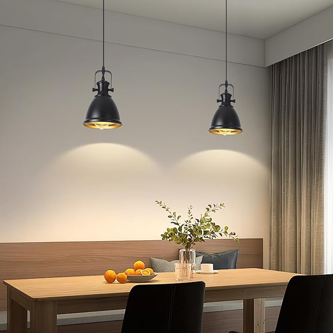 Black Pendant Light 2 Pack, Farmhouse Pendant Light, 6.5 inches Kitchen Island Lighting, Industrial Pendant Light Fixtures, Black Pendant Lights Kitchen Island Dining Room Bedroom