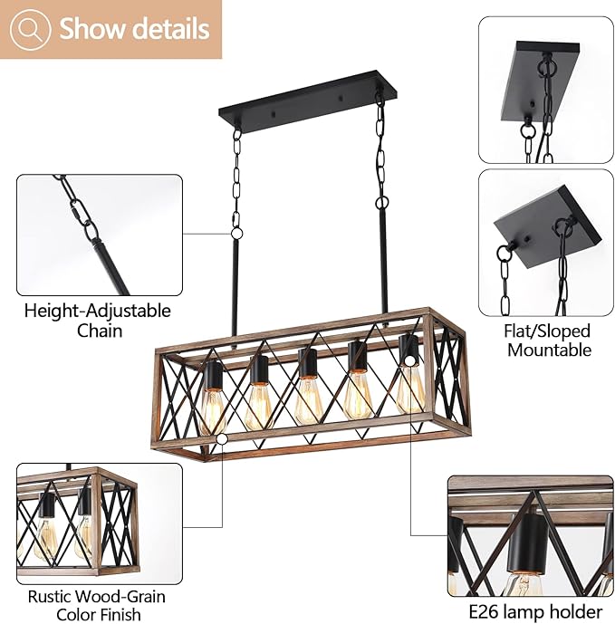 KEESFU 5-Light Dining Room Light Fixture, Farmhouse Kitchen Island Lighting,Adjustable Height Pendant Light, Rustic Linear Chandelier for Kitchen, Dining Room Table, Pool Table. (Wood Grain Color)