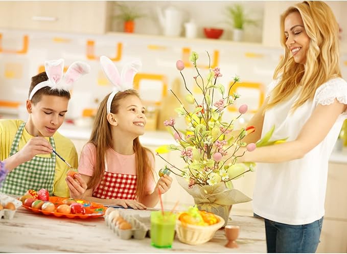 RoseCraft Easter Decorations, 18 Inch Pre-Lit Easter Egg Tree Tabletop Decor with Delicate Ornaments, for Home Party Wedding Holiday Spring Summer Decoration, Yellow/Pink.