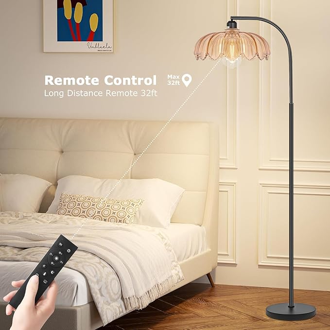 Black Floor Lamp for Living Room,Bedroom,Mid Century Modern Standing Lamp with Remote,Dimmable Brass Tall Lamp Amber Glass Lamp Vintage Retro Arc Floor Lamps Flower Floor Light Boho Bohemian