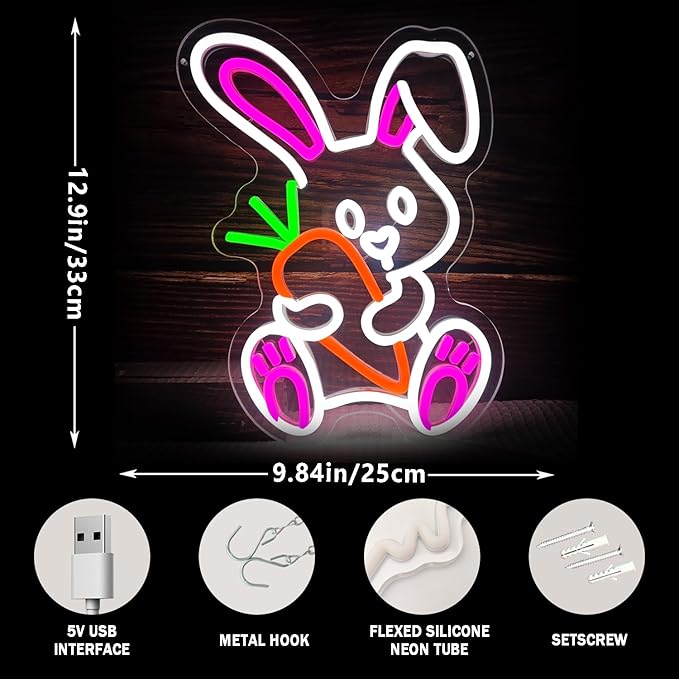 Easter Neon Sign for Wall Decor Bunny Neon Light Carrot Led Sign Carrot Rabbit Neon Neon Light Up Sign for Party Wall Decoration Home Room Children'S Easter Gift