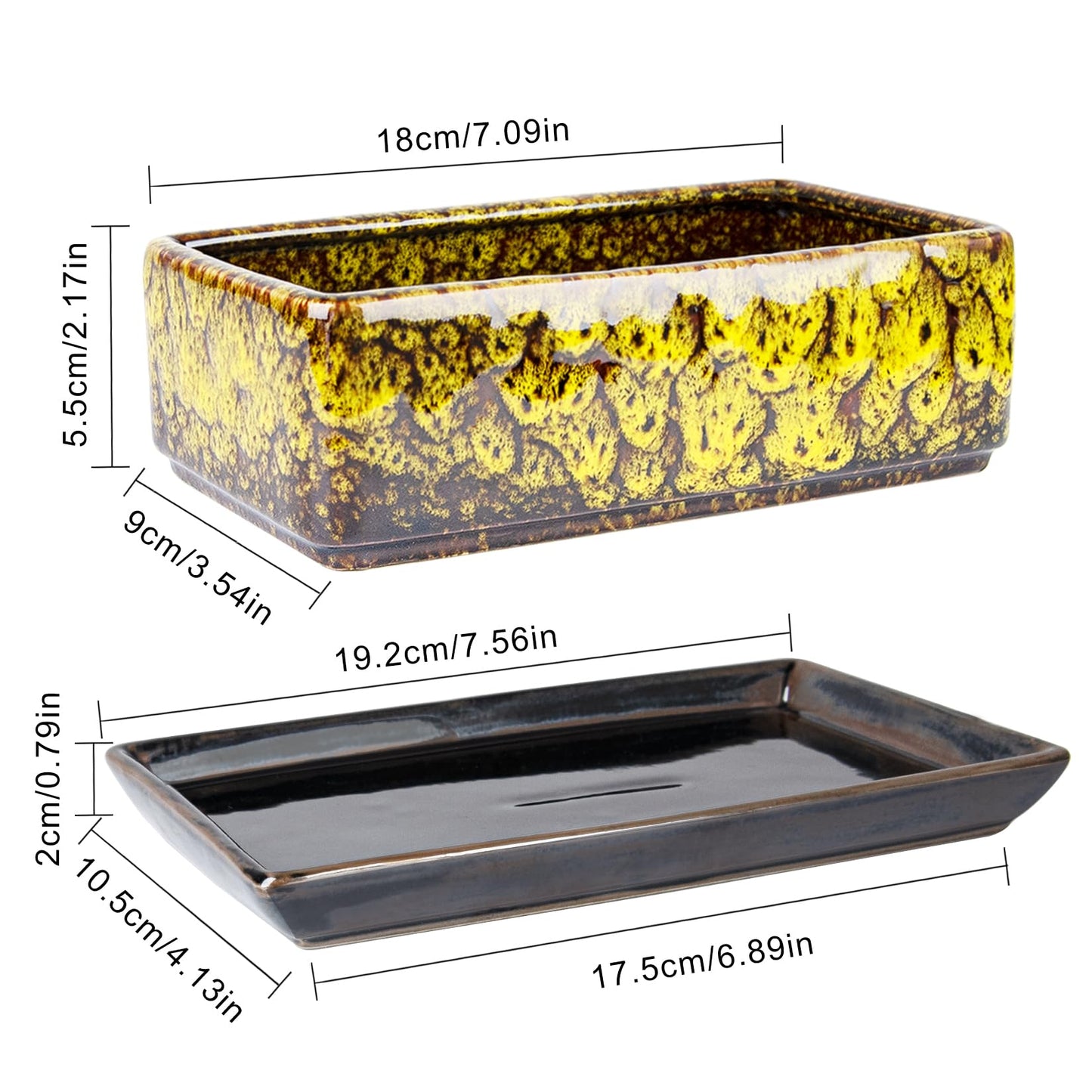 ARTKETTY Succulent Pots - Long Rectangle Succulent Planters with Drainage Tray, Window Sill Planter, Ceramic Pots for Indoor Cactus Plants Shallow Bonsai Window Box for Home Garden Decor