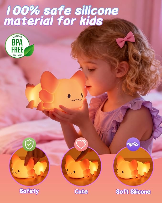 ZKLiLi Night Light for Kids Lamp, 16 Colors Lamp Cute, Dimmable Baby Night Lights for Nursery,Silicone Rechargeable Nightlight for Kids Room, Kawaii Room Decor (Axolotl-Remote)