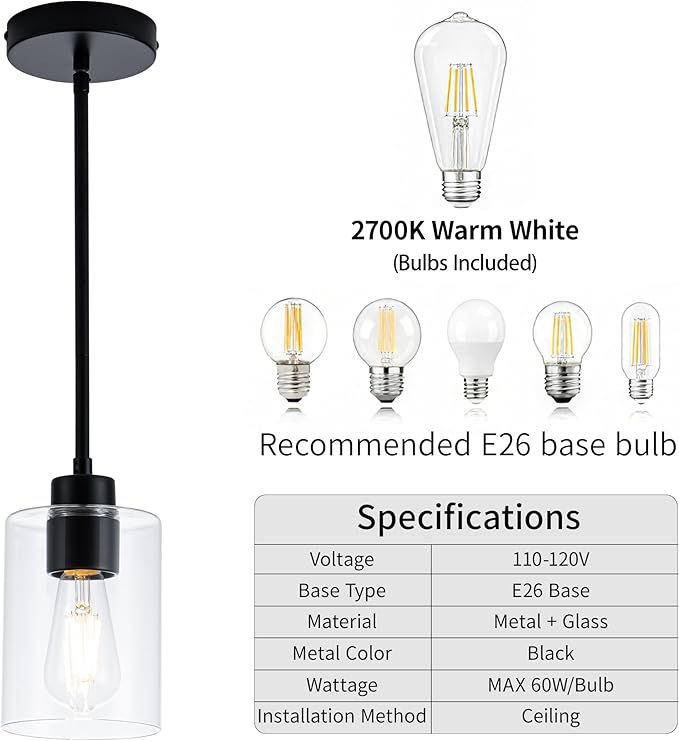 MAYNA 2-Pack Black Farmhouse Pendant Lighting, Rustic Glass Kitchen Island Lights with Bulbs, Adjustable Rods Vintage Hanging Fixtures for Dining Room, Bar