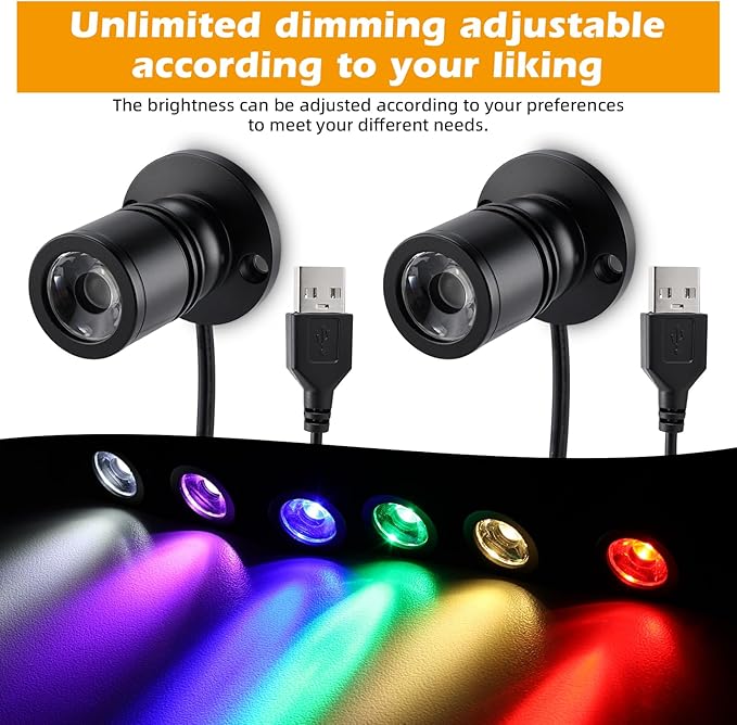 YaeCCC Dimmable Mini LED Spotlight, 6-Pack Multicolor LED with 6 Modes (Warm/Cool/Red/Blue/Green/Purple), USB Powered Accent Lighting for Plants, Jewelry Showcase, Model Display Shelves