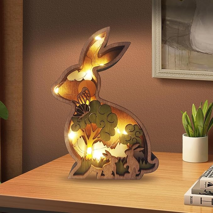 Drawelry 3D Wooden Animals Carving Home Decorative - Creative Wood Carved Lamp Farmhouse Wooden Animals Sculpture Ornaments Easter Birthday Gifts for Family Friend Son Dad (Rabbit, with Light)