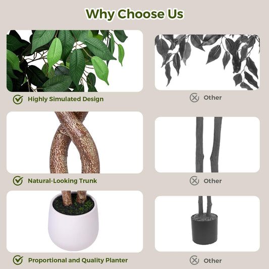 Jocoevol 6FT Artificial Ficus Tree, Tall Faux Trees Indoor with White Planter, Dried Moss, Natural Silk Leaves & Trunk, Fake Plants for Home Living Room Office Corner Decor Housewarming Gift