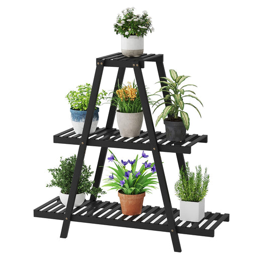 STDDRE Plant Stand For Indoor Outdoor Tiered Plant Shelf 3 Tier 8 Potted Bamboo Flower Holder Ladder Rack For Multiple Triangle Table Plant Pot Stand (Black)