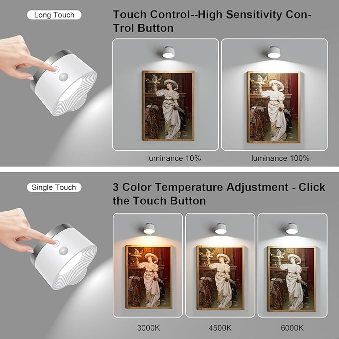 Moobibear Motion Sensor Wall Light Indoor, 3500mAh Rechargeable Battery Operated LED Wall Light, Wall Lamp Wireless with 360 ° Rotation, 3 Color Temperatures for Bedroom, Study, Corridor, Picture