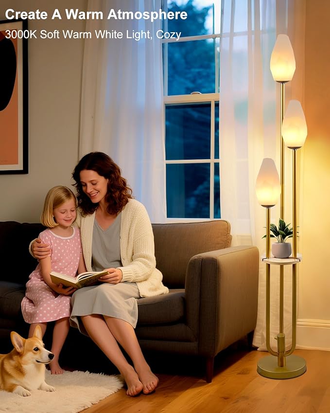 Lightdot Floor Lamp with Tray, 3-Lights Dimmable Floor Lamps with Rock-Shaped Shade, Unique Candle Holder Style Gold Modern Tall Lamp for Living Room/Party/Sofa Beside/Corner Decor(Bulbs Included)