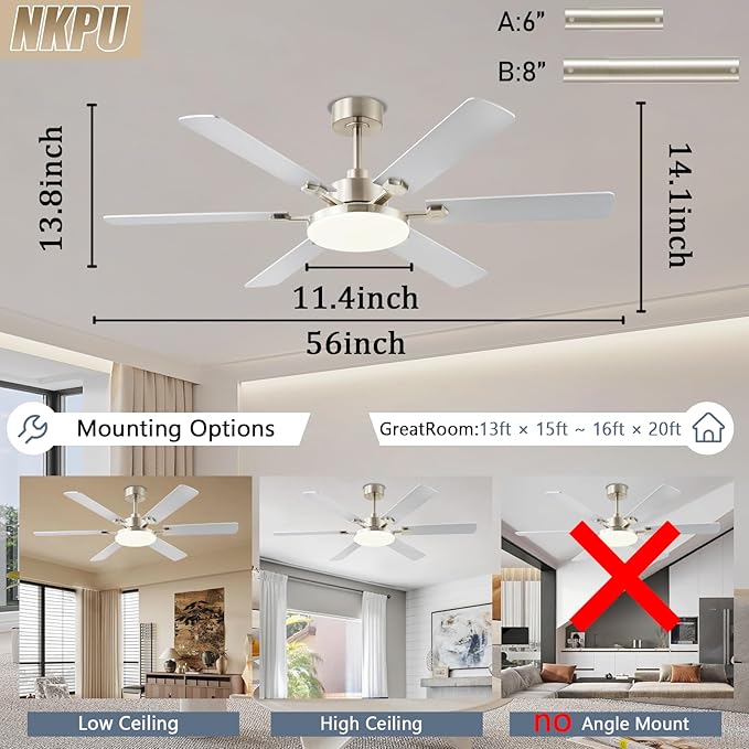 56 Inch Ceiling Fans with Lights, Large Modern Nickel Ceiling Fan with Light and Remote Control, 6 Double Sided Blades, 6 Speed DC Motor, Dimmable LED, Silent Timing, Indoor Outdoor Patio Use