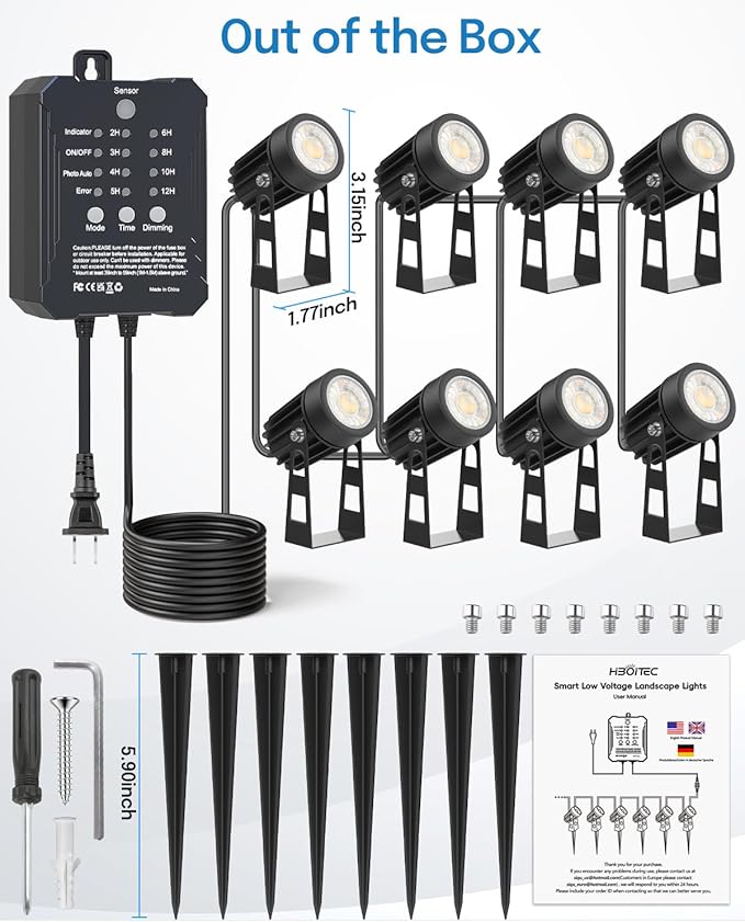 HIBOITEC Low Voltage Landscape Lighting with Transformer Photocell Sensor and Timer Spotlights Kit 68FT ETL Approved Wire Dimmable Waterproof 2700K for House Yard Trees Garden Plants Outdoor 8 Packs