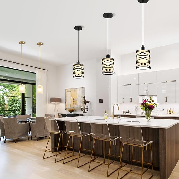 3 Pack Pendant Light Kitchen Island Pendant Lighting, Hanging Light with Spiral Cage Frosted Glass Shade, Black Modern Indoor Hanging Lamp