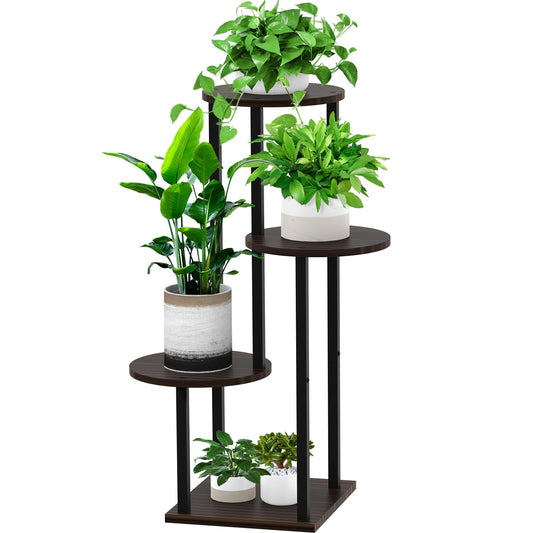 YOCOMEY 4 Tier Wood Tall Plant Stand Metal Rack Indoor, Multiple Flower Pot Holder Shelves Corner Rack, Round Planter Shelf Display Rack Storage Organizer for Patio Living Room Balcony(Black+Oak)