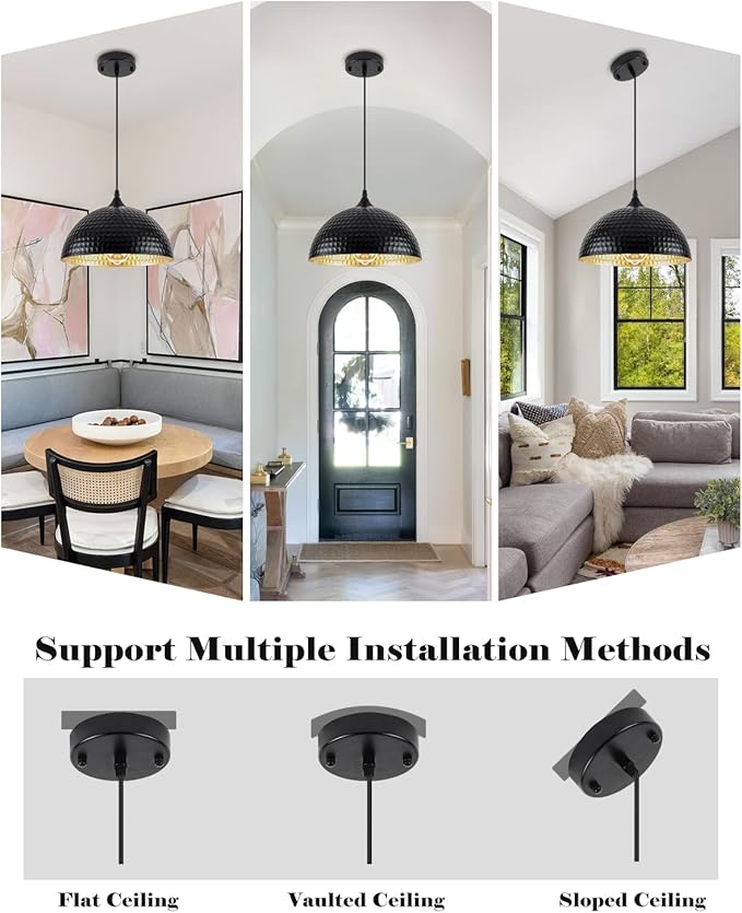 Hammered Dome Pendant Light 1 Pack, Black and Gold Pendant Light,12 Inch Metal Industrial Pendant Lights, Kitchen Island Pendant Lights for Kitchen, Dining Room, Bar