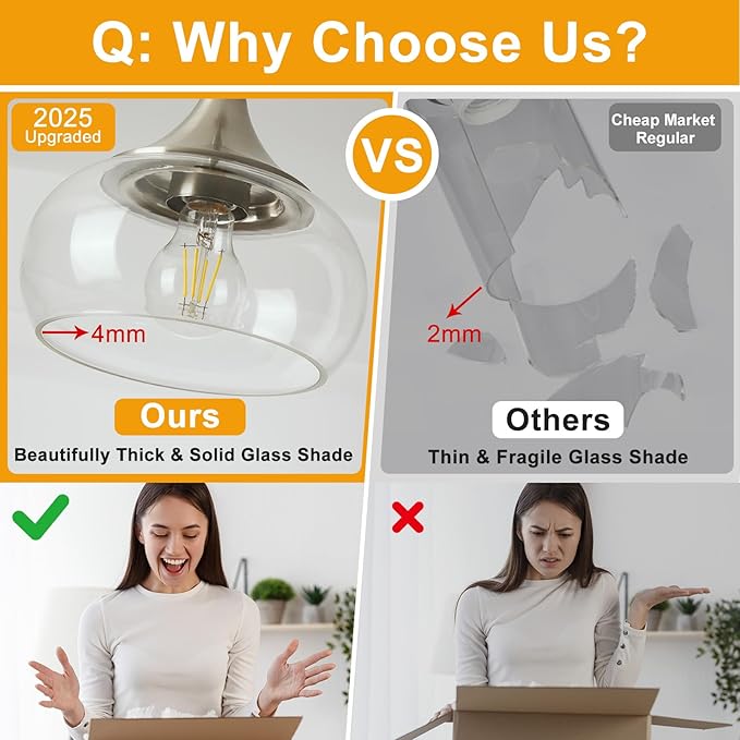 2 Pack Modern Pendant Lights Kitchen Island, Brushed Nickel Pendant Light Fixtures with 8.5" Clear Glass Shade, Industrial Hanging Pendant Lights Fixture for Kitchen Island Dining Room Entryway
