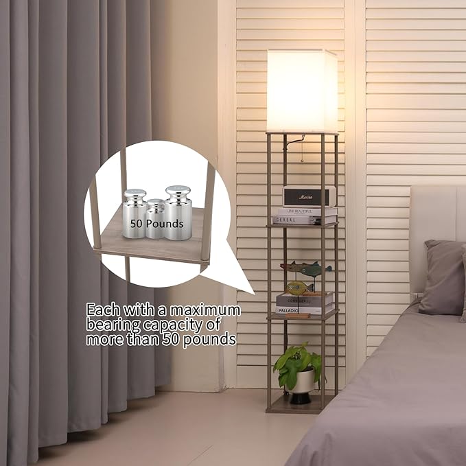 Floor Lamp with Shelves, Modern Square Standing Lamp with 3 Color Temperature Bulb, Corner Display Bookshelf Lamp for Living Room, Bedroom and Office （Grey）