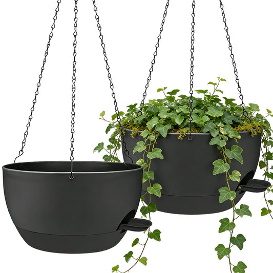 zople 2 Pack 12 Inch Self Watering Hanging Planters for Indoor Plants, Large Black Plastic Hanging Pots with Chains for Outdoor Patio Garden Home Decor Black