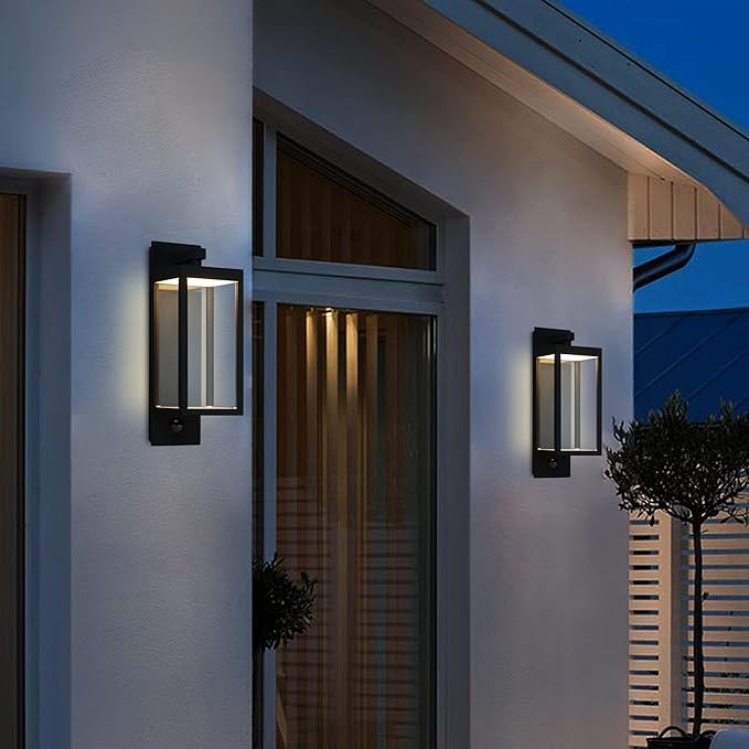 Motion Sensor Outdoor Wall Lantern 2 Pack Black Modern LED Exterior Light Fixture with Clear Glass for House Garage IP54 Waterproof 750LM