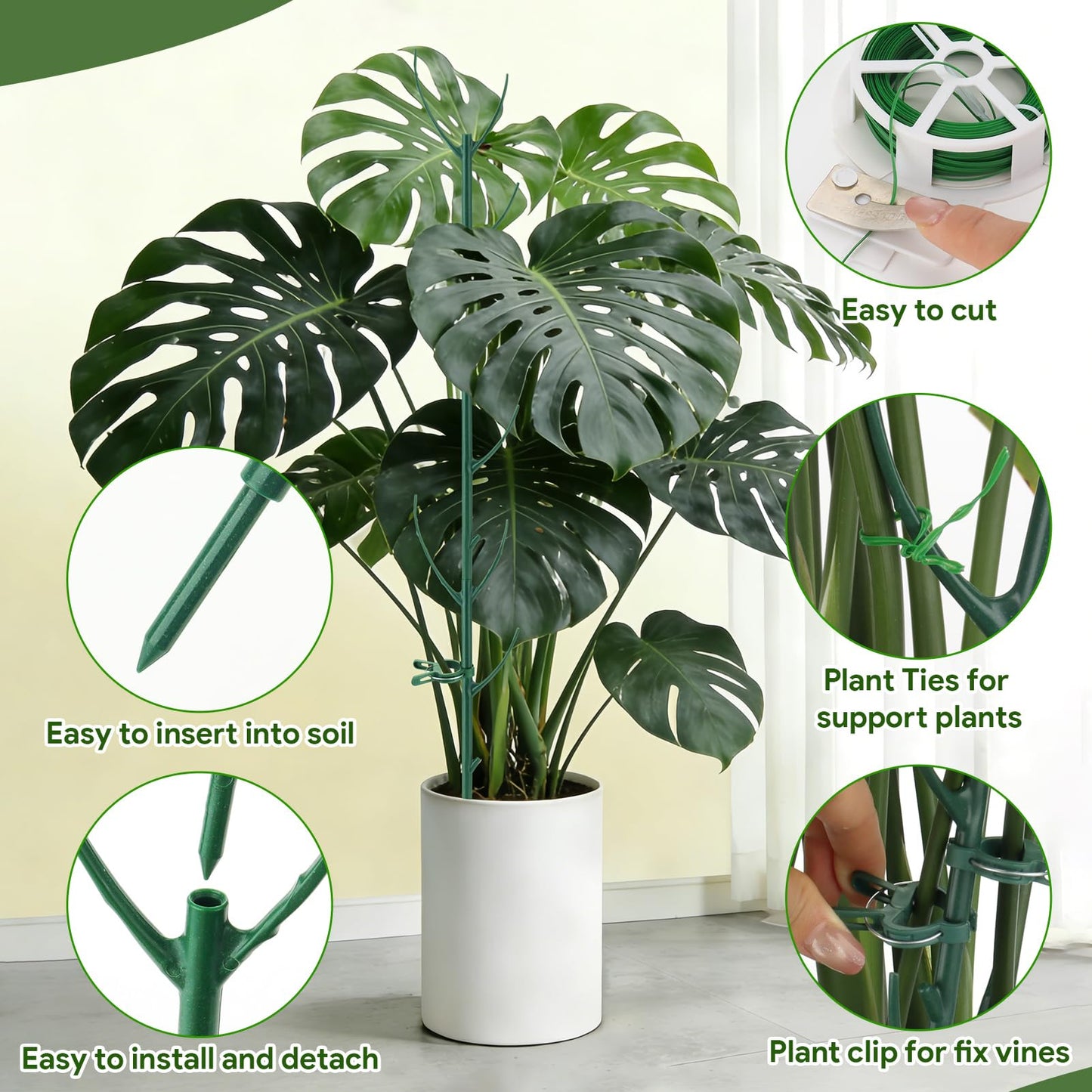 15 Packs Stackable Monstera Plant Support, 11 inch Plant Stakes with 131ft Garden Twist Tie & 10 Plant Clips for Indoor and Outdoor Plants Use Garden Trellis for Climbing and Potted Plants