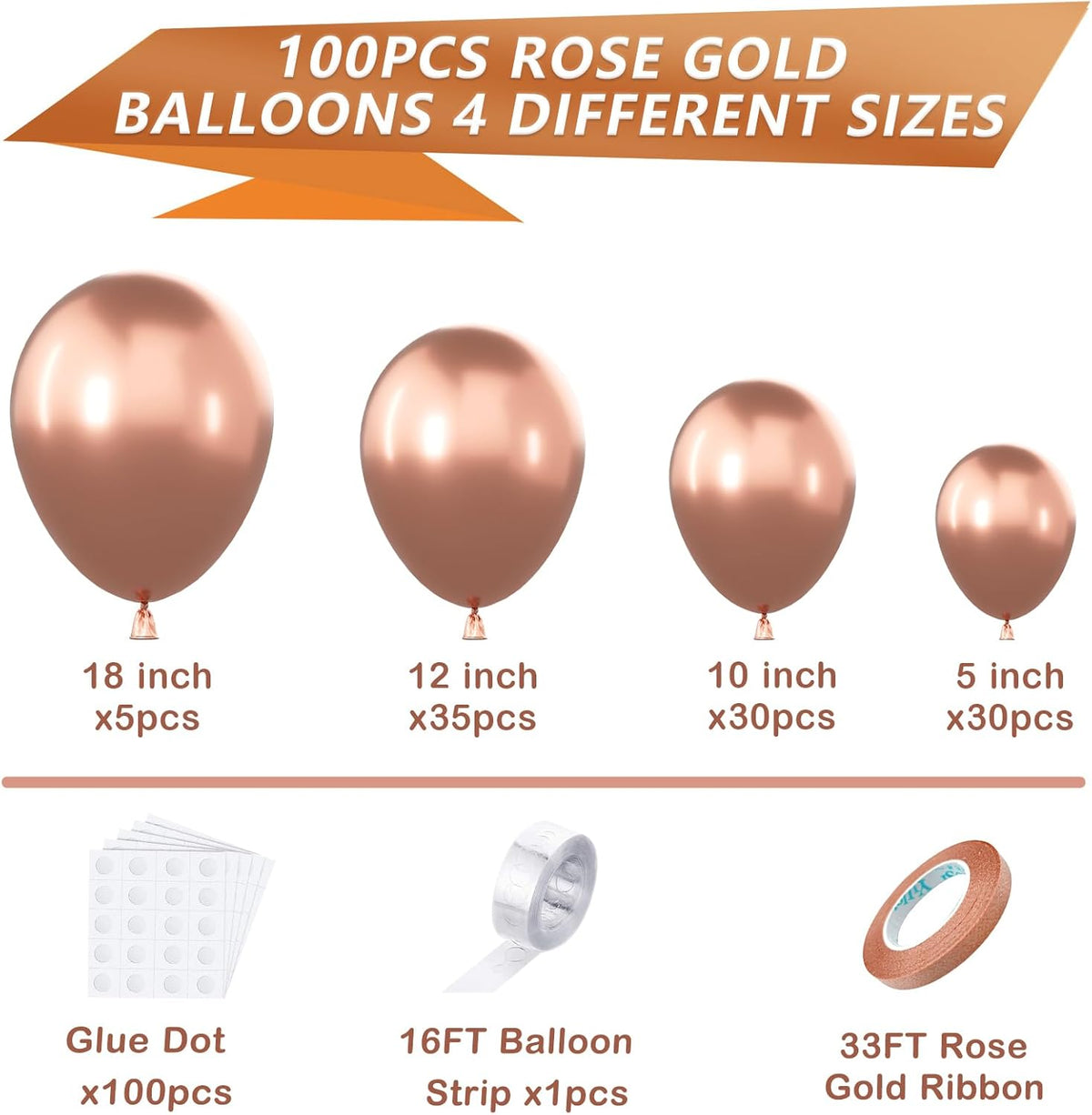 YAOWKY Rose Gold Balloons - 100PCS Metallic Latex Balloon Garland Kit for Weddings & Parties | 18", 12", 10", 5" Sizes