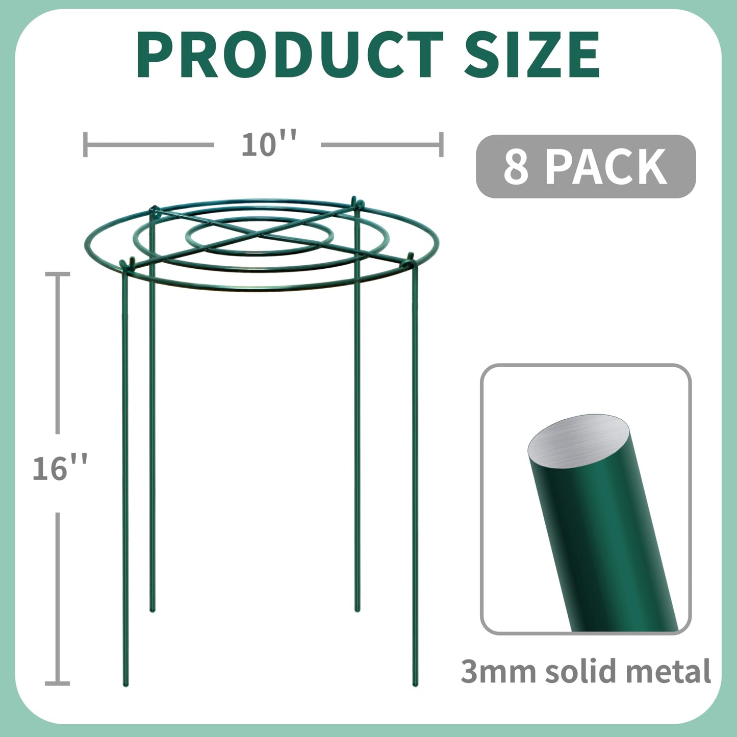 8 Sets Peony Support Cage,Heavy Duty Metal Plant Support Rings with 3.5mm Thickened Legs,10"Dia.x16"High Grow Through Hoops for Peonies and Tall Plants,Rust-Resistant Strong Support for Heavy Blossoms