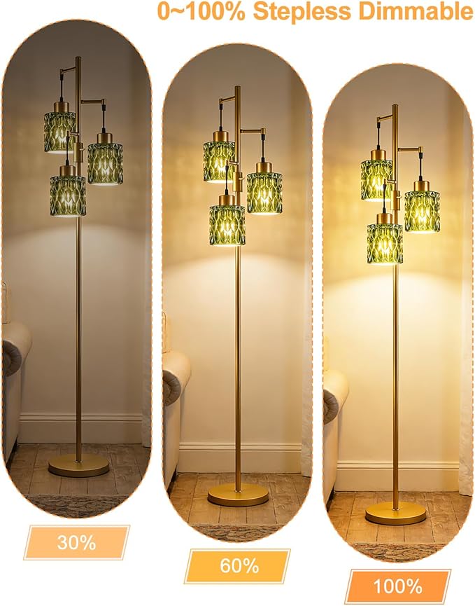 3-Light Floor Lamps for Living Room, Farmhouse Dimmable Gold Floor Lamp with Green Glass Shade& Bulbs Included, Mid Century Standing Tall Lamp for Bedroom/Sofa Beside/Corner